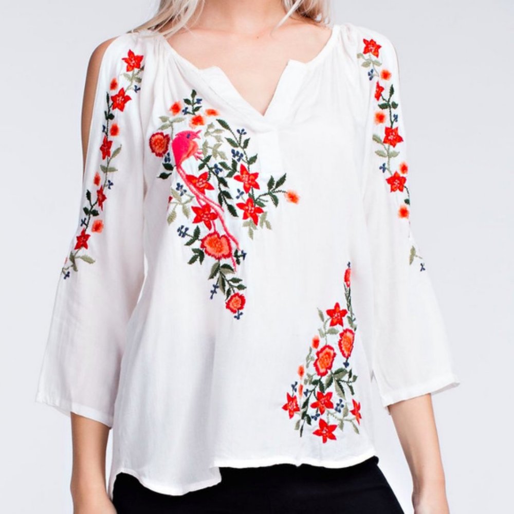 Solitaire Flowery Embroidered White Blouse